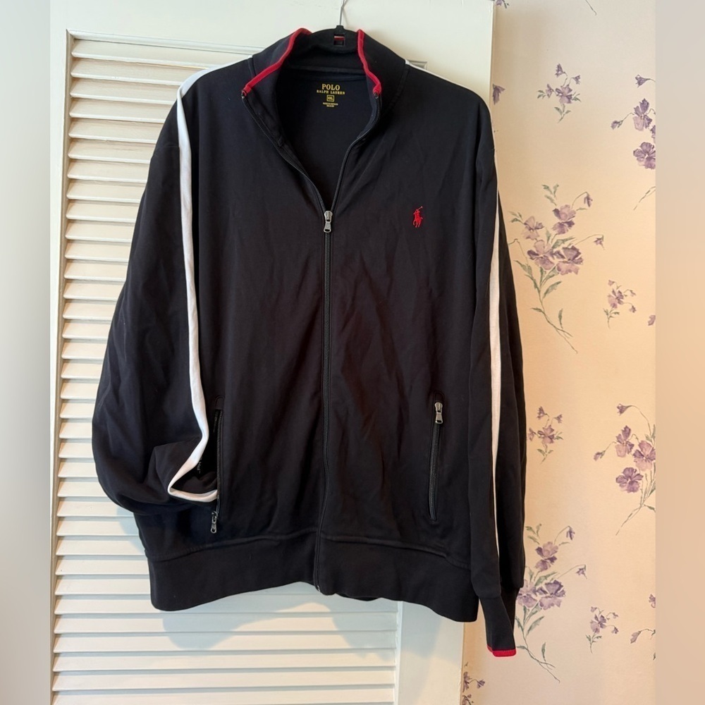 Polo Ralph Lauren Black Zip Up Sweatshirt White Stripe and Zippered Pockets XXL